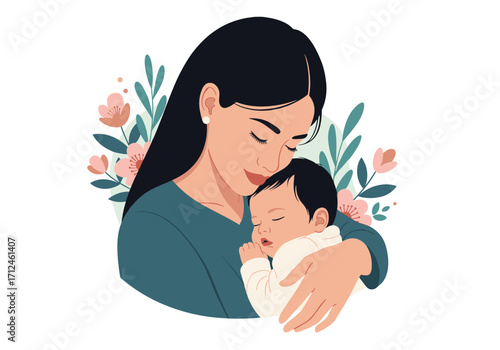 A mother cradles her newborn baby with tenderness and love.