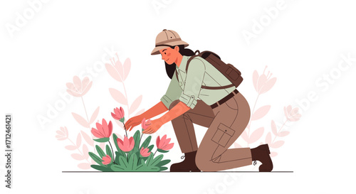 Botanist Exploring Flora, Observing Delicate Petals, Gathering Floral Information For Study