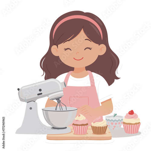 Cheerful cartoon girl baker in pink apron happily mixing batter for delicious cupcakes.