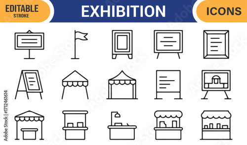 Vector outline icons set for trade shows, product fairs, and gallery exhibitions