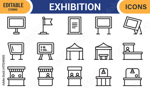 Editable stroke exhibition icons with booths, banners, and display board symbols
