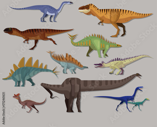 Dinosaur species icons colorful cartoon sketch