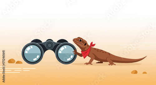 Curious Lizard Gazing Through Binoculars in a Desert Scene for Nature Exploration Imagery