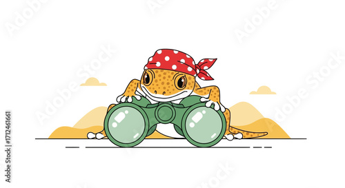 Curious Lizard Explorer With Binoculars In An Adventure Seeking A New Discovery