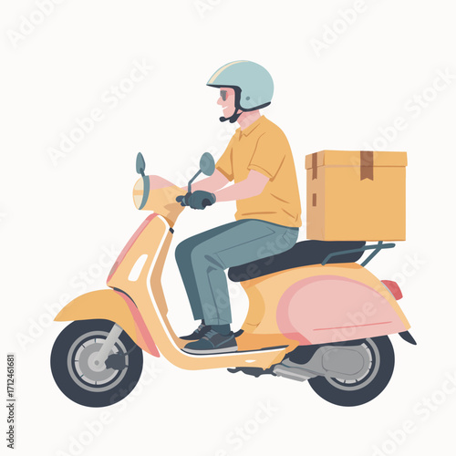 Delivery Man Riding a Scooter with Package on the Back.