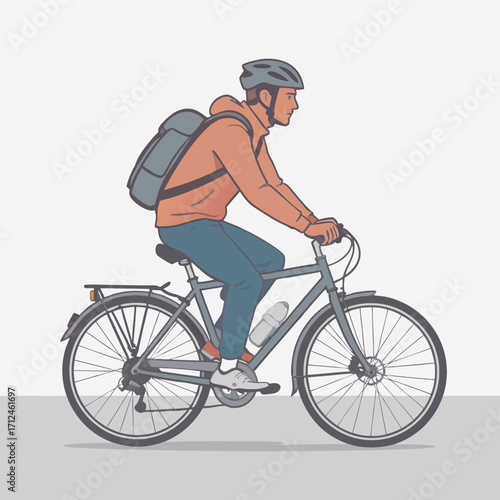 Cyclist in Profile Riding Bicycle with Backpack Wearing Helmet and Casual Clothes.
