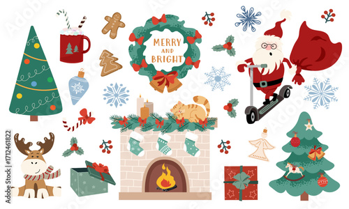 A jolly Christmas and winter elements set. Santa rides a scooter, cozy fireplace, trees, wreath, ginger cat and other festive and tradition decor