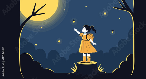 Child Gazing At Constellations Under The Glowing Moon Captivating Dreamy Night Scene