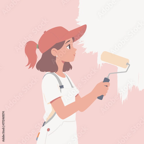 Flat vector illustration of a young woman in a red cap and white overalls holding a paint roller.