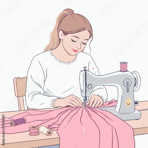 Focused Woman Sews Delicate Pink Fabric on Vintage Sewing Machine.