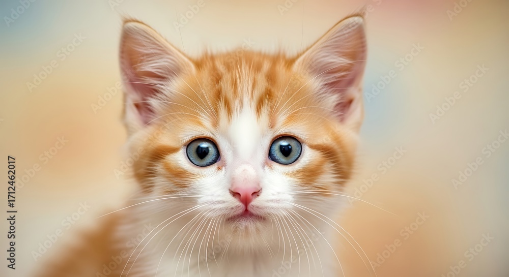 Fototapeta premium Adorable Orange Tabby Kitten with Striking Blue Eyes Close-Up.