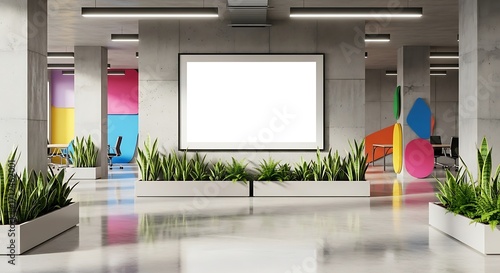 Modern office lobby showcases a blank billboard surrounded by plants, creating a welcoming and contemporary atmosphere for employees and visitors alike.