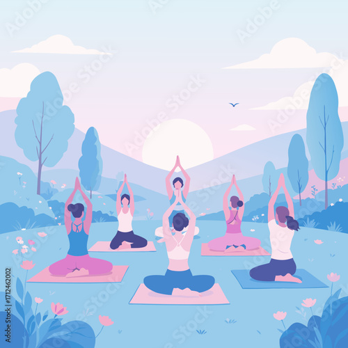 Group of Women Practicing Yoga Outdoors in a Peaceful Serene Landscape.