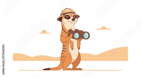 Curious Meerkat Explorer Observes Wildlife Through Binoculars Against Simple Desert Scenery
