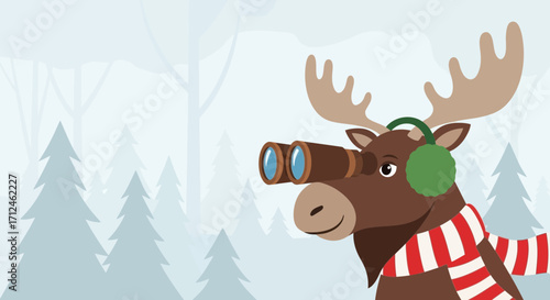 Curious Moose Observes Wilderness Through Binoculars, Sporting Winter Accessories