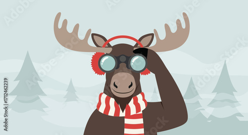 Curious Moose Wearing Winter Accessories Observes Snowy Landscape Through Binoculars