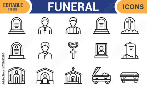 Mourning and remembrance vector icons with coffin, rosary, and cross symbols