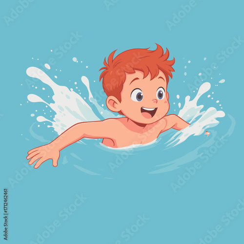 Joyful RedHaired Boy Swimming Happy Expression Water Splashes.