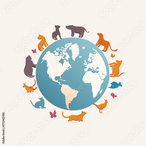Animals Around Earth Globe – Wildlife Conservation Vector Illustration
