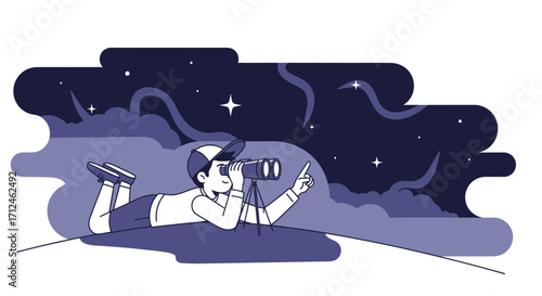 Curious Observer Gazing At Cosmic Wonders Through a Telescope During the Night