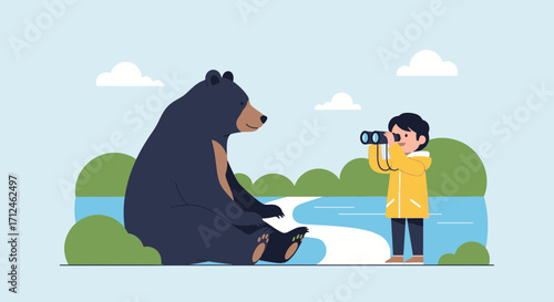 Curious Observer Uses Binoculars To Watch A Resting Bear In A Peaceful Natural Setting
