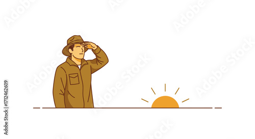 Curious Person Observing a Sunrise in a Minimalist Style Illustrative Artwork