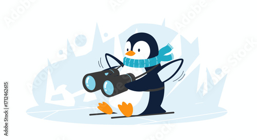 Curious Penguin Observes Through Binoculars in Wintery Arctic Landscape Illustration