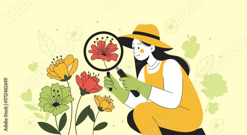 Botanist Observing Blooming Flowers Through Magnifying Glass In Garden Illustration