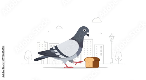 Curious Pigeon Approaching Bread Slice In A Minimalist Cityscape Illustration