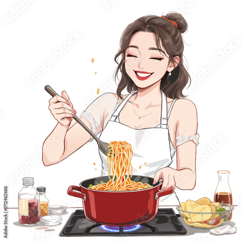 Joyful Woman in White Apron Stirring Delicious Pasta in Red Pot.