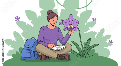 Botanist Observing Orchid And Sketching Illustration In Natural Environment