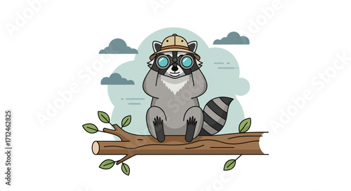 Curious Raccoon Explorer Searching View With Binoculars On Tree Branch Outdoors Scene