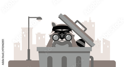 Curious Raccoon Observes Cityscape From Bin, A Whimsical Illustration for Urban Exploration