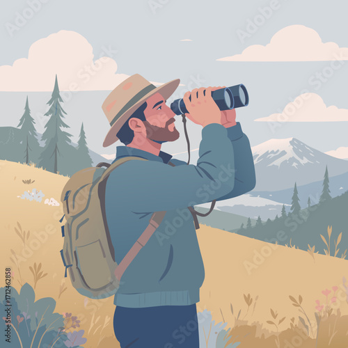 Man with Binoculars Observing Nature Wearing Hat and Backpack.