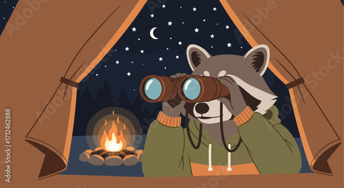 Curious Raccoon Observes The Stellar Night Sky From Inside A Warm, Cozy Tent