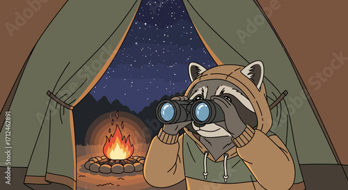 Curious Raccoon Observes Night Sky From Campsite, Near Burning Campfire