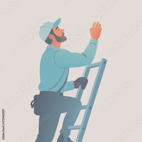 Minimalist illustration of a man in blue workwear and cap on a ladder painting a white wall.
