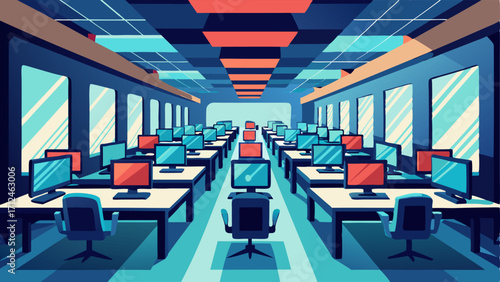 A spacious and modern room filled with rows of computer workstations and monitors.