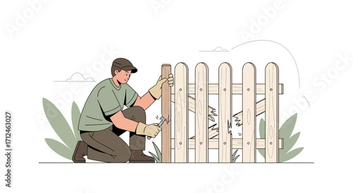 Craftsman Repairing Wooden Fence in Garden: Illustration of Reconstruction