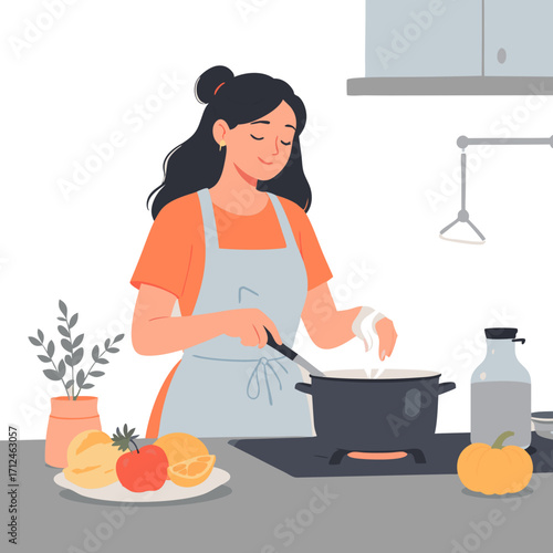 Serene Woman in Apron Stirring Pot on Stovetop.
