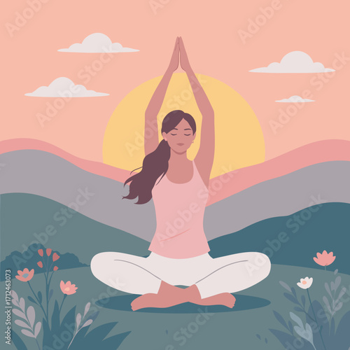 Serene woman meditating in lotus pose with hands in prayer mudra flat vector illustration.