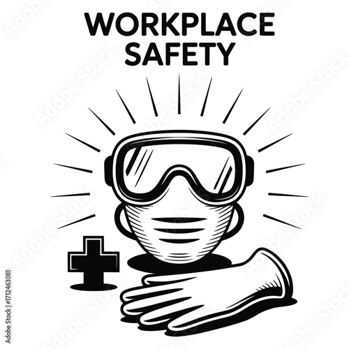 Black and white line art vector of protective mask surrounded by medical cross and gloves for workplace safety concept