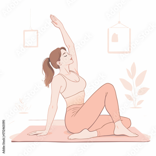 Serene Woman in Peach Yoga Leggings and Sports Bra Performing a Seated Twist Pose.