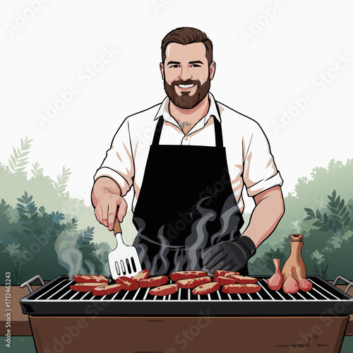 Smiling bearded man in a black apron and white shirt grilling meat on a barbecue holding a spatula.