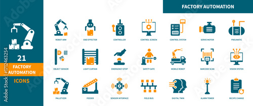 Factory automation icon set. Containing robotic arm, machine, conveyor, production, and manufacturing icons. Solid icon collection.