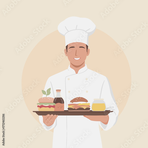 Smiling Chef Presents Tray of Delicious Burgers and Condiments.