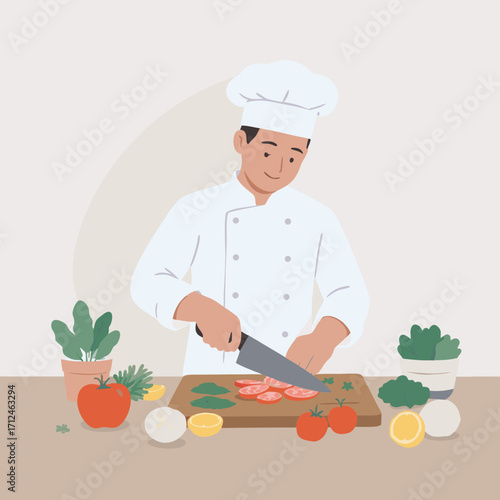 Smiling Chef in White Uniform Precisely Slicing Tomatoes on Wooden Board.