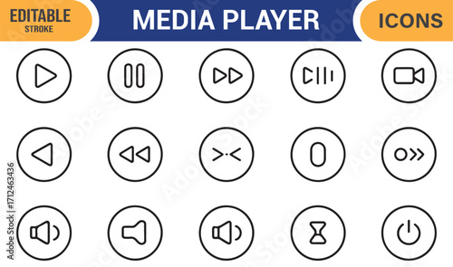 Editable stroke vector icons set of multimedia player buttons in minimal outline style