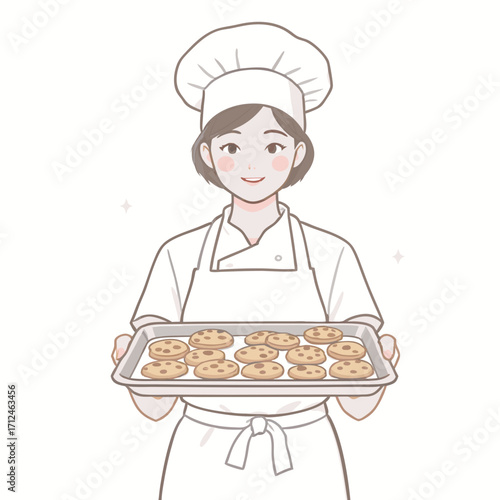 Smiling Pastry Chef Presenting Freshly Baked Chocolate Chip Cookies.