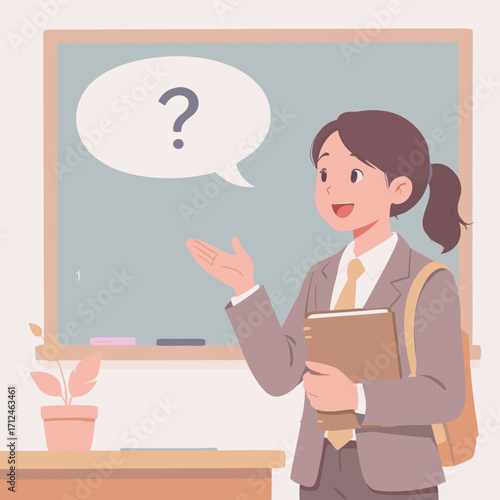 Smiling Student Girl in Gray Blazer Presenting Holding Notebook Question Mark Speech Bubble.